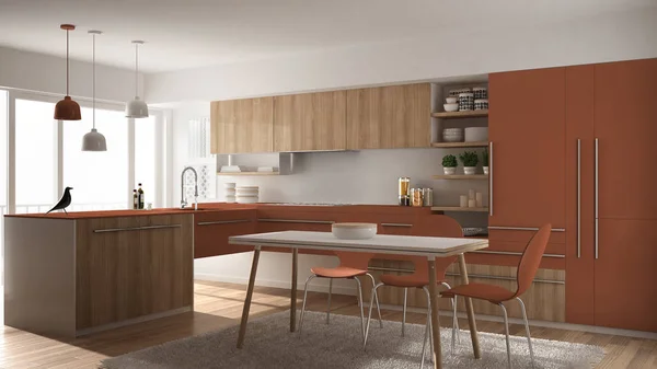 Nowoczesny minimalistyczny drewniane kuchnia z stół do jadalni, dywan i panoramiczne okna, biały i czerwony architektura wnętrz — Zdjęcie stockowe