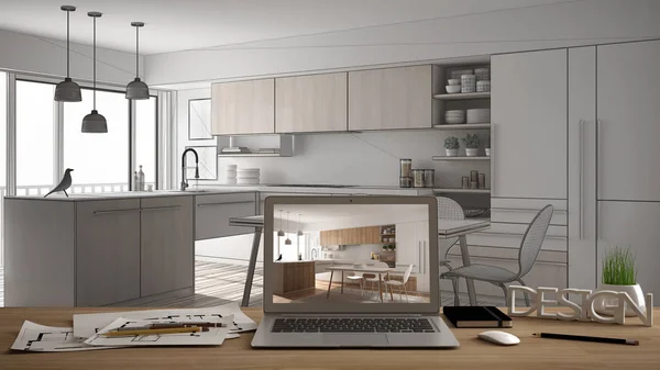Architekt Designer Desktop-Konzept, Laptop auf Holzarbeitstisch mit Bildschirm, auf dem das Einrichtungsprojekt gezeigt wird, Blaupause im Hintergrund, moderne Küchen-Ideenvorlage — Stockfoto