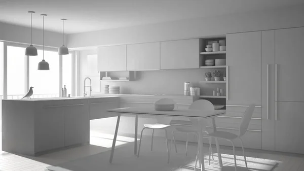 Totale witte project van moderne minimalistische keuken met eettafel, tapijt en panoramisch raam, het platform interieur design — Stockfoto