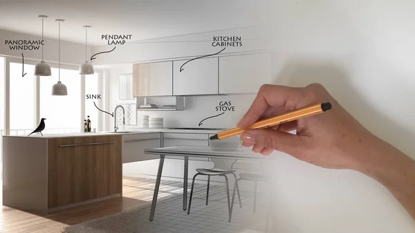 Αρχιτέκτονας εσωτερικών σχεδιαστών έννοια: χέρι αντλώντας ένα σχέδιο εσωτερικού έργου και τη συγγραφή σημειώσεων, ενώ ο χώρος γίνεται πραγματικό, λευκό ξύλινα μοντέρνα κουζίνα — Φωτογραφία Αρχείου