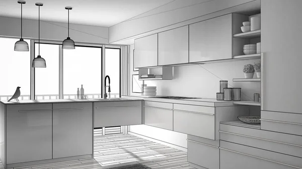 Niedokończony projekt nowoczesny minimalistyczny kuchnia z parkietem, dywan i panoramiczne okna, architektura wnętrz — Zdjęcie stockowe