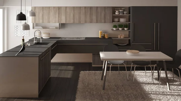 Moderna cocina minimalista de madera con mesa de comedor, alfombra y ventana panorámica, diseño interior de arquitectura blanca y gris —  Fotos de Stock