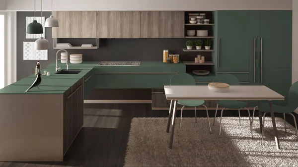 Modern minimalista fa konyha étkezőasztallal, szőnyeg és panoráma ablakkal, szürke és zöld építészet-belsőépítészet — Stock Fotó