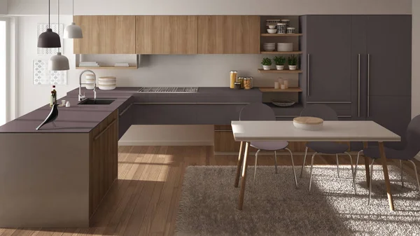 Cozinha de madeira minimalista moderna com mesa de jantar, tapete e janela panorâmica, arquitetura branca e violeta design de interiores — Fotografia de Stock