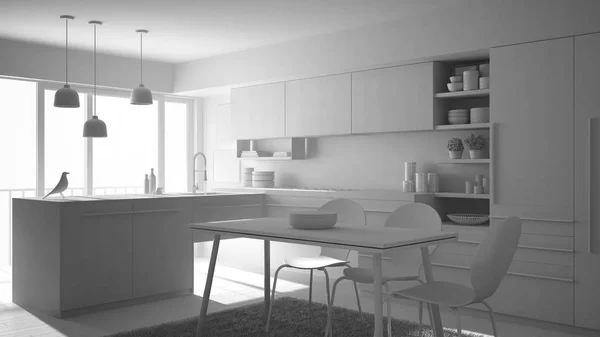 Общий белый проект современной минималистской кухни с обеденным столом, ковровым и панорамным окном, архитектурным дизайном интерьера — стоковое фото