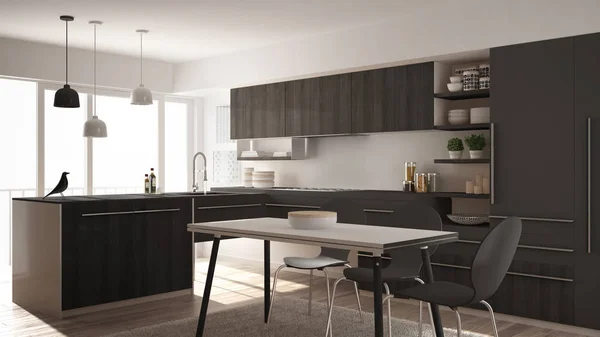 Moderne minimalistische Holzküche mit Esstisch, Teppich und Panoramafenster, Innenarchitektur in weiß und grau — Stockfoto