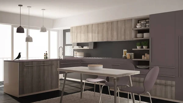 Современная минималистичная деревянная кухня с обеденным столом, ковровым покрытием и панорамным окном, серым и фиолетовым дизайном интерьера — стоковое фото
