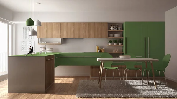 Сучасна мінімалістична дерев'яна кухня з обіднім столом, килимом і панорамним вікном, біло-зелена архітектура дизайну інтер'єру — стокове фото