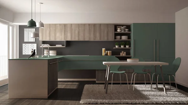 Cozinha de madeira minimalista moderna com mesa de jantar, tapete e janela panorâmica, arquitetura cinza e verde design de interiores — Fotografia de Stock