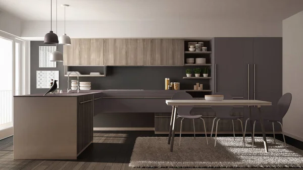 Cozinha de madeira minimalista moderna com mesa de jantar, tapete e janela panorâmica, arquitetura cinza e violeta design de interiores — Fotografia de Stock
