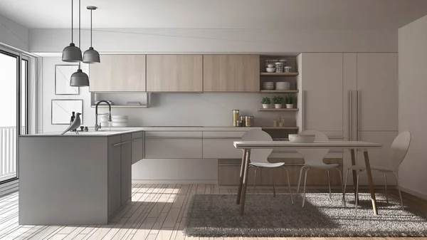 Niedokończony projekt nowoczesnej kuchni minimalistyczny stół do jadalni, dywan i panoramiczne okna, architektura wnętrz — Zdjęcie stockowe