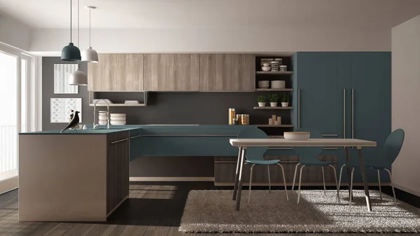 Cozinha de madeira minimalista moderna com mesa de jantar, carpete e janela panorâmica, arquitetura cinza e azul design de interiores — Fotografia de Stock