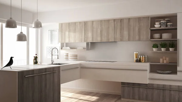 Moderne minimalistische Holzküche mit Parkettboden, Teppich und Panoramafenster, Innenarchitektur in weißer Architektur — Stockfoto