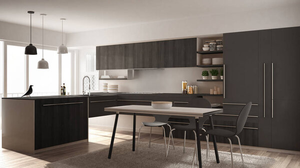 Современная минималистичная деревянная кухня с обеденным столом, ковровым покрытием и панорамным окном, дизайном интерьера белого и серого цветов
