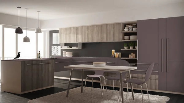 Современная минималистичная деревянная кухня с обеденным столом, ковровым покрытием и панорамным окном, серым и фиолетовым дизайном интерьера — стоковое фото