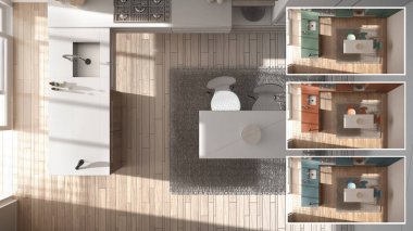 Mimar tasarımcı kavramı, mutfak renkleri farklı seçenekler, iç tasarım projesi taslak, renk seçici, malzeme örnek