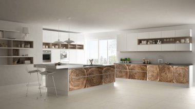 Beyaz modern minimalist mutfak, klasik ahşap parçaları, panoramik pencere, lüks iç tasarım