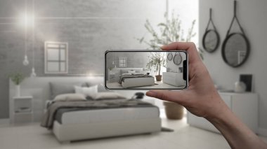 Akıllı telefon, Ar uygulama, tutan el mobilya taklit ve gerçek ev mimar tasarım konsepti, iç tasarım ürünleri arka plan, modern yatak odası bulanıklık