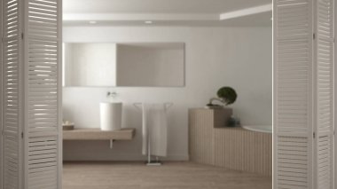 Beyaz katlanır kapı açılış modern ahşap banyo, beyaz iç tasarım, mimar tasarımcı kavramı, arka plan bulanıklık