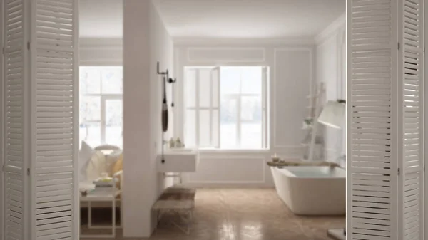Apertura de puerta plegable blanca en dormitorio escandinavo moderno con baño, diseño interior blanco, concepto de arquitecto diseñador, fondo borroso —  Fotos de Stock
