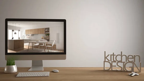 Концепція дизайнерського проекту, дерев'яна таблиця з ключами будинку, 3D літери, що роблять слова дизайну кухні, комп'ютер, що показує дизайн інтер'єру, білий порожній фон копіювання простору — стокове фото