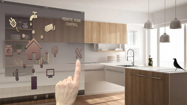 Inteligentna koncepcja sterowania mieszkaniem, ręczne sterowanie interfejs cyfrowy z mobilnych app. rozmazane tło wyświetlone jest nowoczesna kuchnia, architektura wnętrz — Zdjęcie stockowe