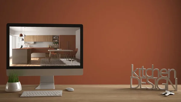 Концепція дизайнерського проекту, дерев'яна таблиця з ключами будинку, 3D літери, що роблять слова дизайну кухні, комп'ютер, що показує дизайн інтер'єру, червоний помаранчевий пантон фон копіювання простору — стокове фото