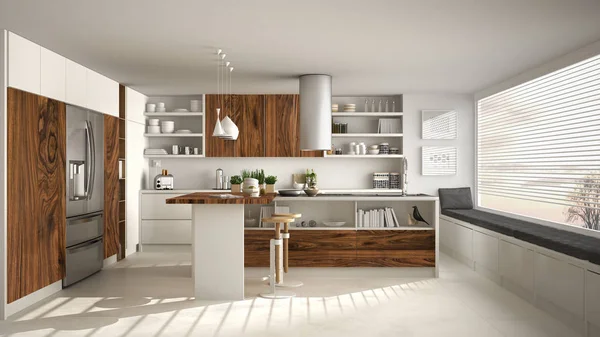 Moderne Küche mit klassischer Holzausstattung und Panoramafenster, weißes minimalistisches Interieur — Stockfoto