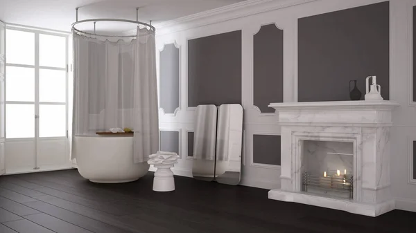 Vintage-Badezimmer in klassischem Raum mit altem Kamin und Parkettboden, modernes Interieur — Stockfoto