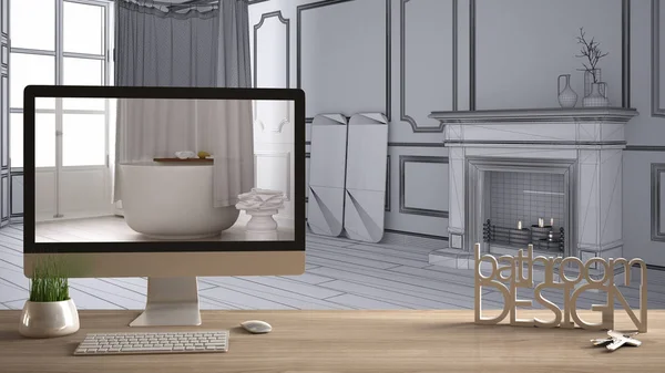 Arkitekt designer project koncept, träbord med nycklar, 3d bokstäver ord badrum design och desktop visar utkast, suddiga utrymme i bakgrunden, inredning — Stockfoto