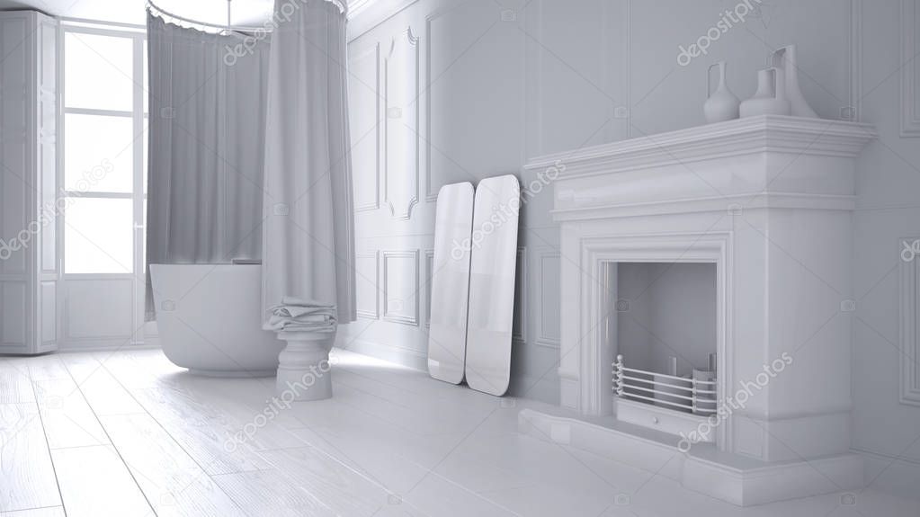 Total white project of vintage bathroom in classic space with old fireplace and parquet floor
