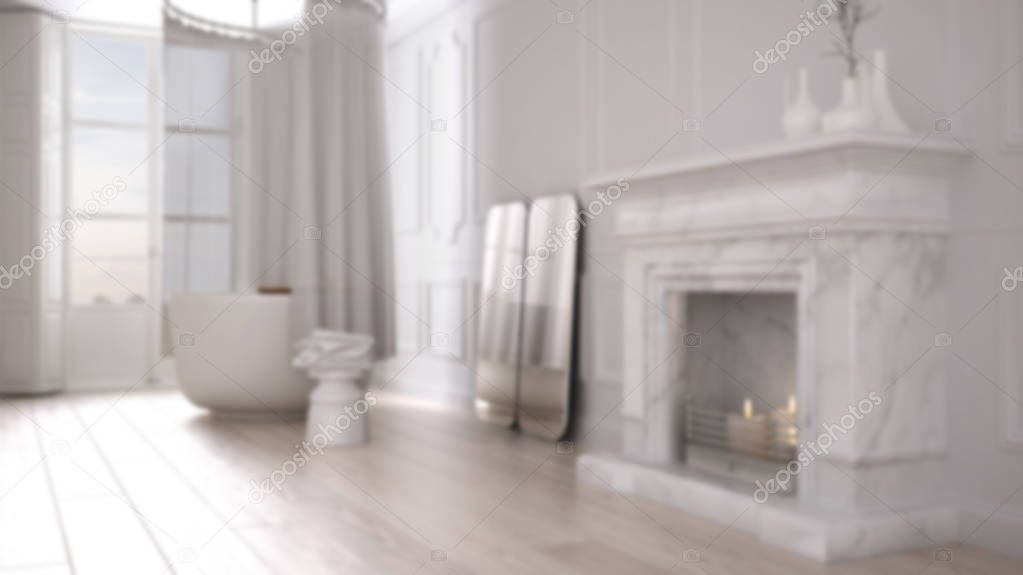 Blur background interior design, vintage bathroom in classic space with old fireplace and parquet floor