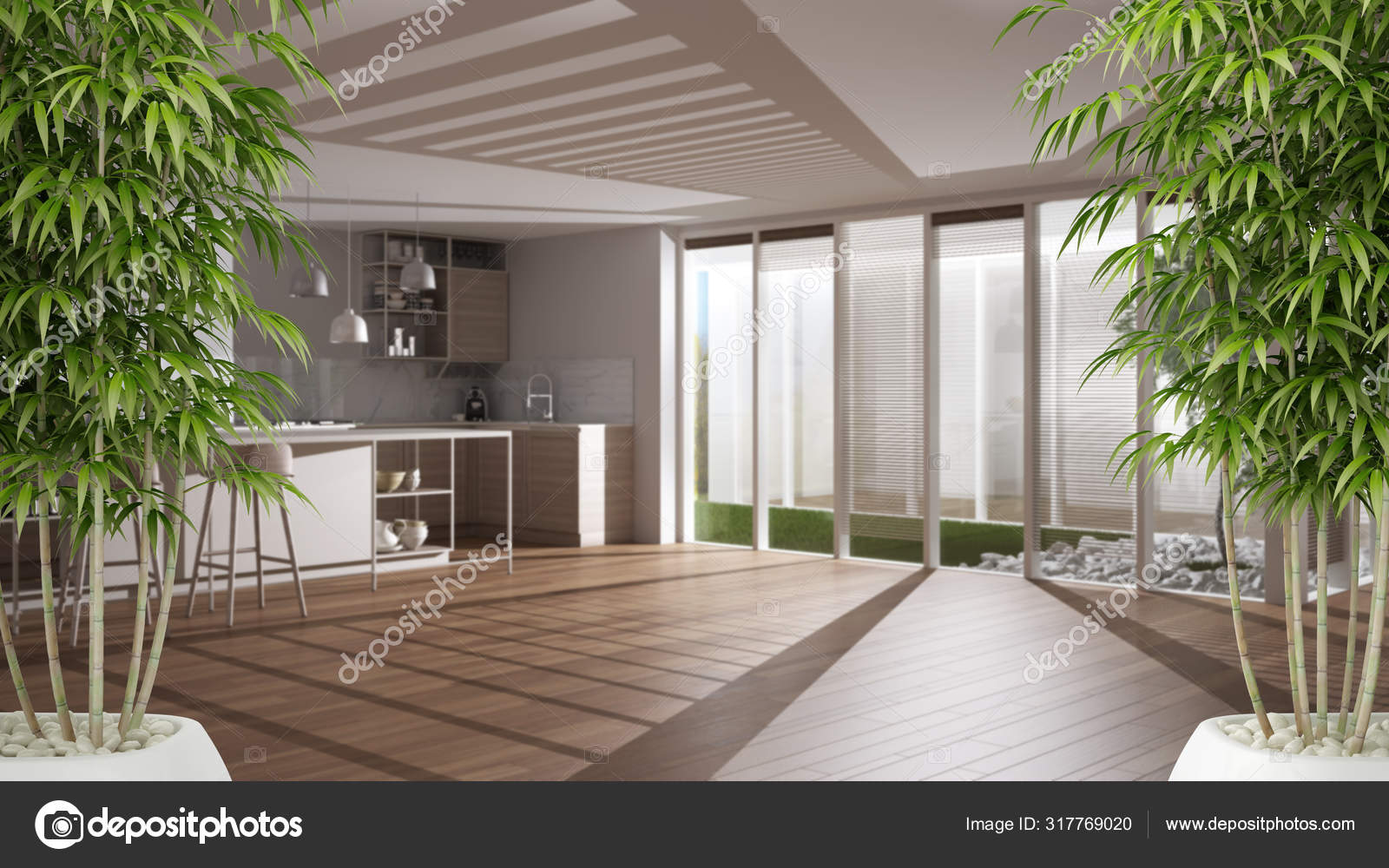 Zen Interior With Potted Bamboo Plant Natural Interior Design Concept Minimalist White Kitchen With Dining Table And Parquet Floor Contemporary Modern Architecture Concept Idea Stock Photo By C Archiviz 317769020