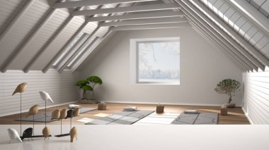 Minimalist kuş süslemeleri olan beyaz masa ya da raf, Birdie knick - boş yoga stüdyosunun ustalığı, paspaslı ve aksesuarlı açık alan, yoga antrenmanı için hazır, meditasyon odası