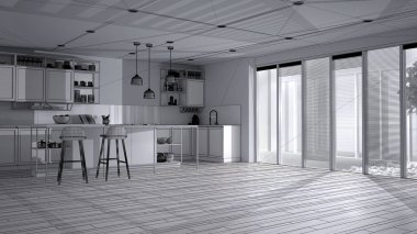 Teras evindeki minimalist açık alan projesi ada ve tabureli modern mutfak, çimenli veranda, parke ve Venedik panjurları, iç tasarım fikri.