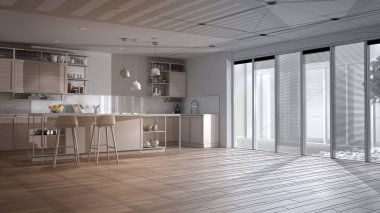 Mimari iç mimar konsepti: Bitmemiş proje gerçek, açık alan, teras evi, adalı ve tabureli modern mutfak, çimenli veranda, parke, iç tasarım