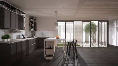 Teras evindeki modern minimalist açık alan, adalı ve tabureli beyaz ahşap mutfak, çimenli veranda, mermer taşlar ve ağaç, parke ve Venedik panjurları, iç tasarım