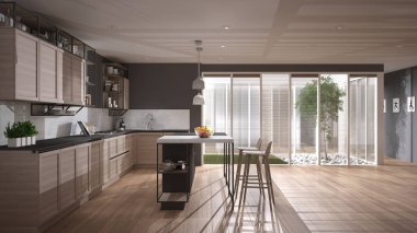 Teras evindeki modern minimalist açık alan, adalı ve tabureli gri ve ahşap mutfak, çimenli veranda, mermer taşlar ve ağaç, parke ve Venedik panjurları, iç tasarım