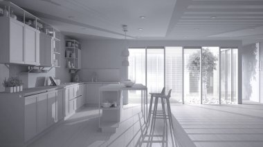Teras evindeki minimalist açık alanın tam beyaz proje taslağı, adalı ve tabureli modern mutfak, çimenli veranda, parke ve Venedik jaluzileri, iç tasarım fikri