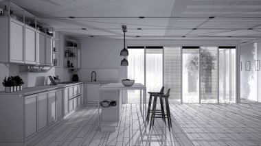 Teras evindeki minimalist açık alan projesi ada ve tabureli modern mutfak, çimenli veranda, parke ve Venedik panjurları, iç tasarım fikri.
