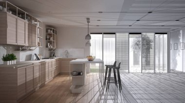 Mimari iç mimar konsepti: Bitmemiş proje gerçek, açık alan, teras evi, adalı ve tabureli modern mutfak, çimenli veranda, parke, iç tasarım