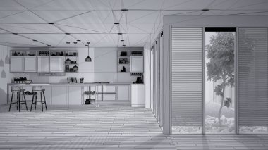 Teras evindeki minimalist açık alan projesi ada ve tabureli modern mutfak, çimenli veranda, parke ve Venedik panjurları, iç tasarım fikri.