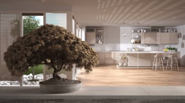 Saksıda çiçek açan ahşap masa rafı, bej yapraklar, çiçekler, adalı modern mutfak, modern iç tasarım, zen temiz mimari konsepti.