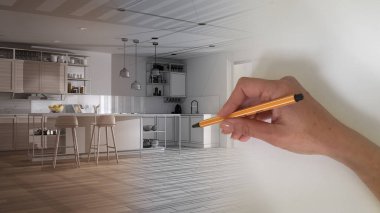 Mimar iç tasarım konsepti: el alan gerçek, modern ada ve dışkı ile beyaz ve ahşap mutfak haline iken bir tasarım iç Proje çizimi