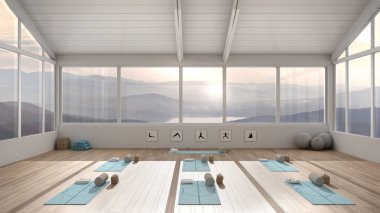 Boş yoga stüdyosu iç mimarisi, minimal açık alan, minderli uzaysal organizasyon, ve aksesuarlar, yoga pratiği için hazır, göl manzaralı panoramik pencere