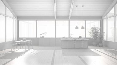 Ada ve yemek masası, sandalyeler, parke döşeme, ahşap çatı ve büyük panoramik pencereler ile modern minimalist mutfak taslağı.