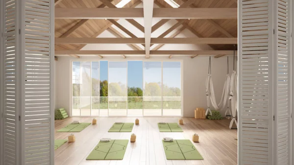 White folding door opening on empty yoga studio interior design, minimal open space with mats and accessories, wooden roof, ready for yoga practice, panoramic window, summer panorama — Stock Photo, Image