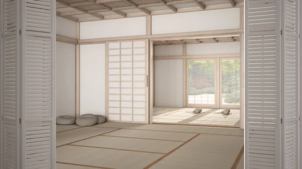 Porte pliante blanche ouvrant sur studio de yoga vide design d'intérieur, espace ouvert avec tapis, oreillers et accessoires, tatami, futon, jardin zen, prêt pour la pratique du yoga, salle de méditation — Photo