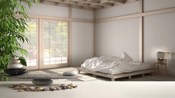 Vit bord hylla med sten balans och 3D bokstäver gör ordet feng shui över minimal sovrum, tatami, futon, säng, fönster på zen trädgård, arkitektur koncept inredning — Stockfoto