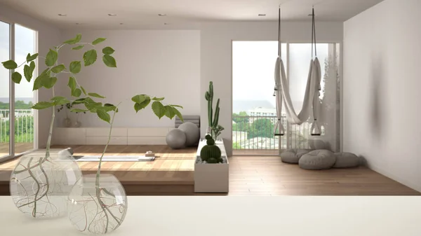 White table top or shelf with glass vase with hydroponic plant, ornament, root of plant in water, branch in vase, empty yoga studio in the background, meditation room, interior design — 스톡 사진